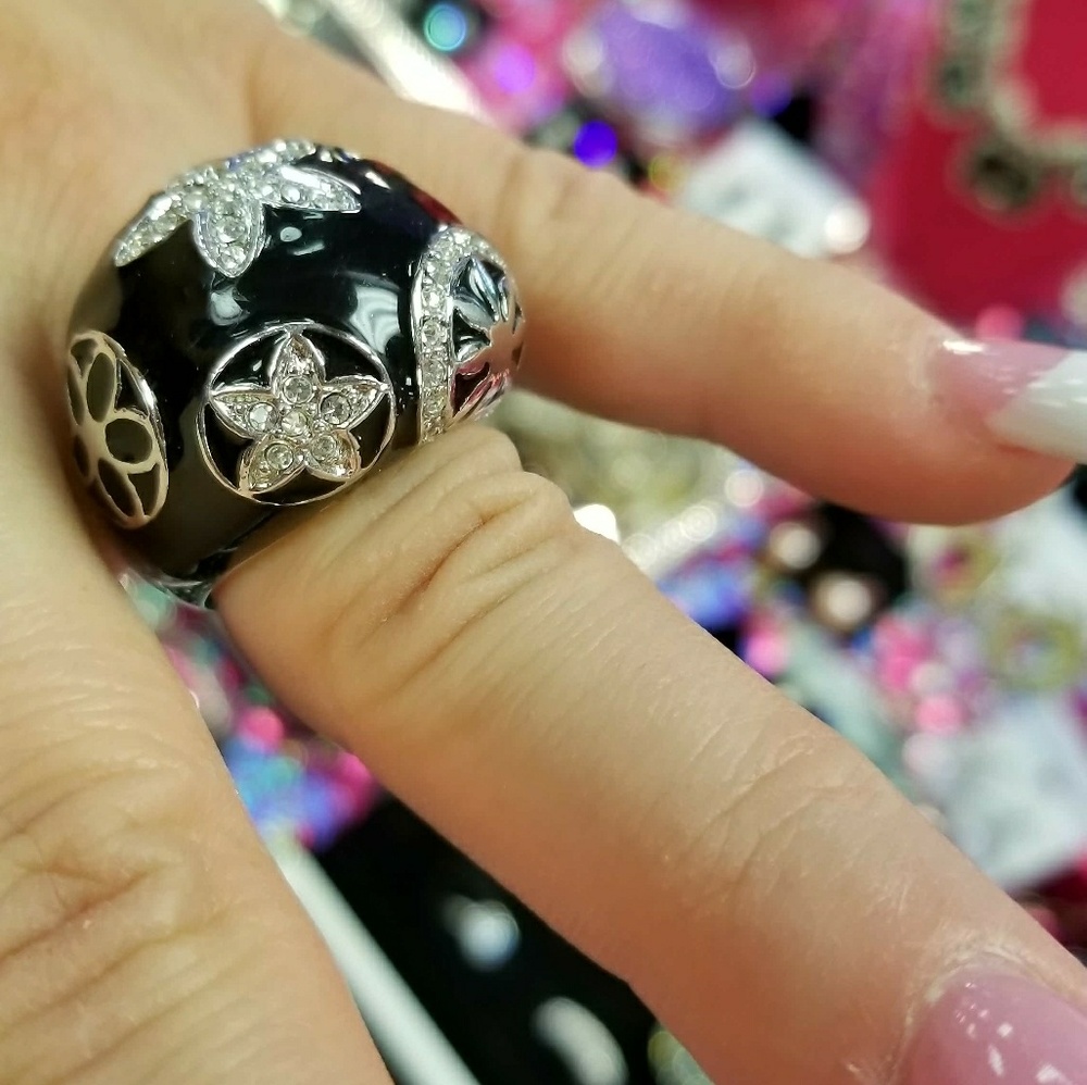 Black Enamel Crystal Rhodium Plated Big Ring